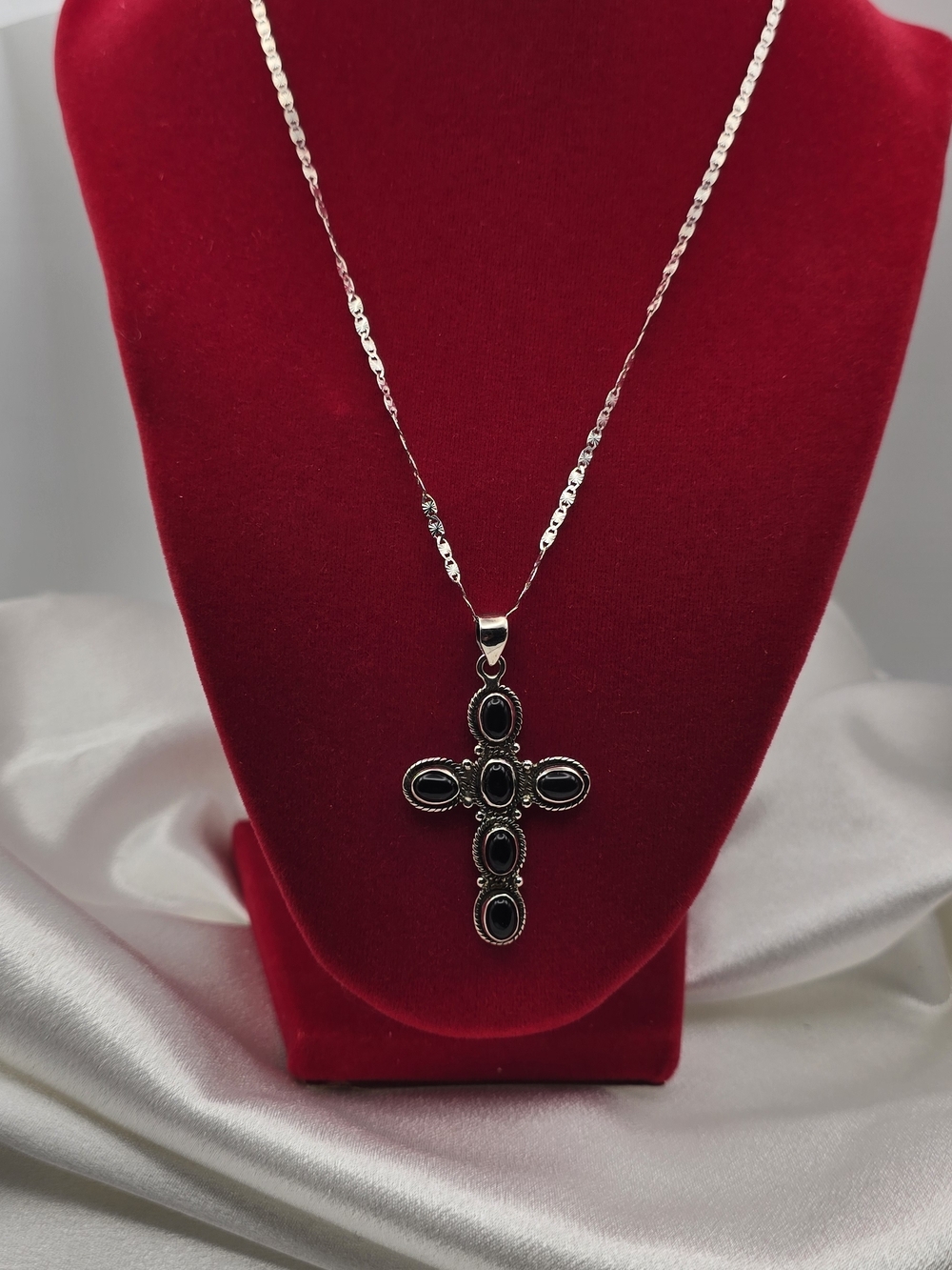 Sterling Silver 925 Natural Back Onyx Cross Pendant Necklace